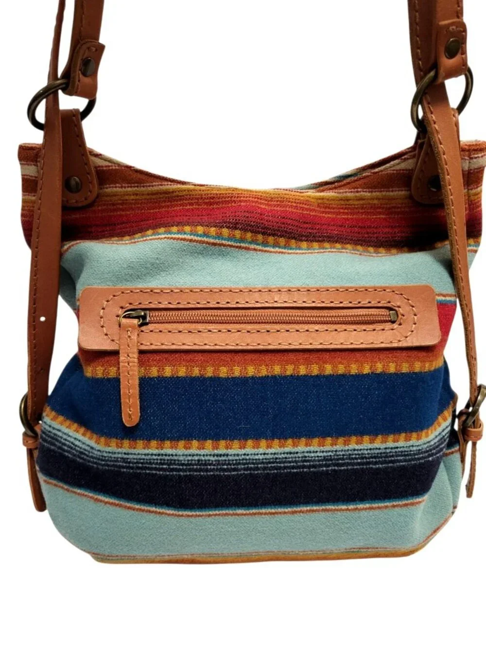 Pendleton Wool Stripe Southwest Bucket Bag Leather Strap Hobo Shoulder Tote